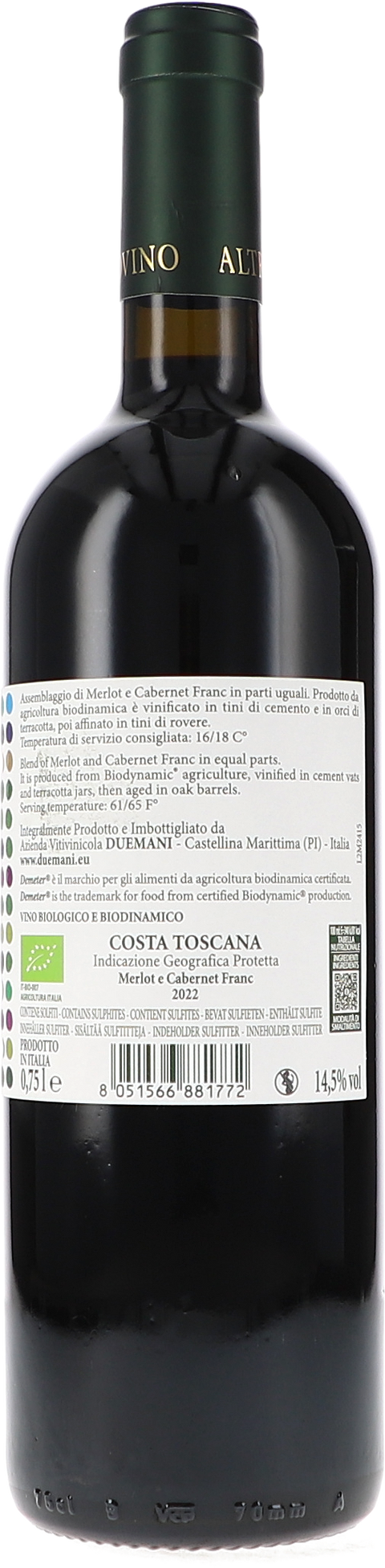 Duemani Altrovino Costa Toscana IGP 2022 BIO Rücketikett