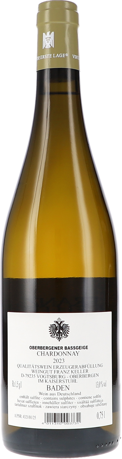 Franz Keller Oberbergener Bassgeige Chardonnay VDP Erste Lage 2023 Rücketikett