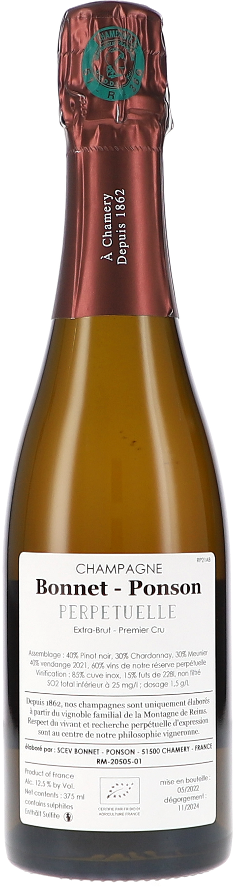 Bonnet-Ponson Cuvée perpétuelle, RP21AB, Extra Brut Premier Cru 0,375L BIO