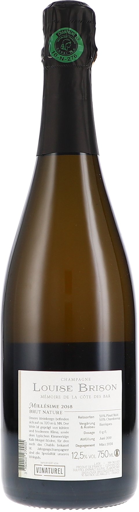 Louise Brison A l’Aube de la Côte des Bar, Brut Nature 2018 Rücketikett