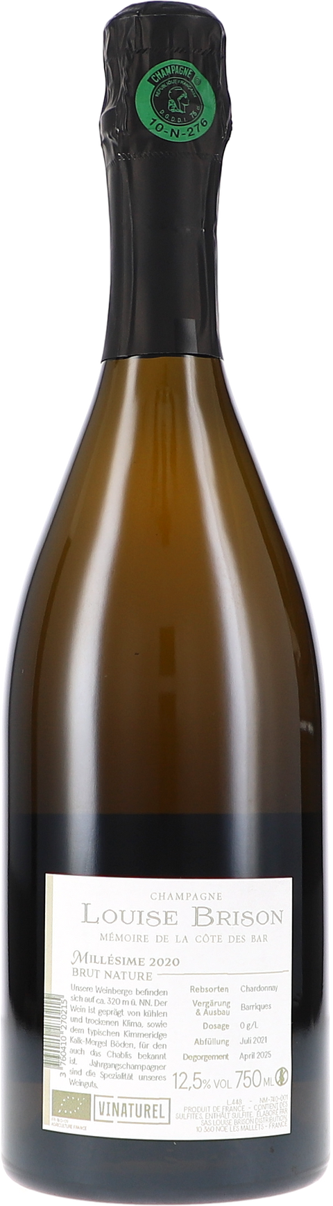 Louise Brison Chardonnay de la Côte des Bar, Brut Nature 2020 BIO