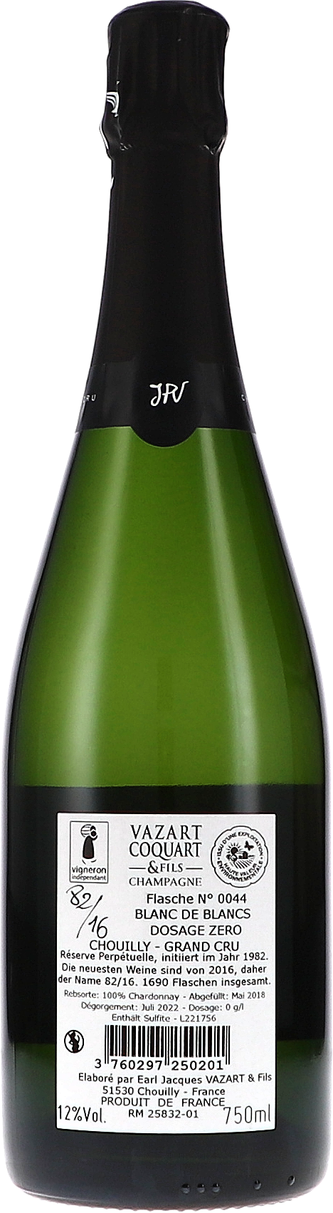 Vazart-Coquart & Fils 82/16 Extra Brut, Blanc de Blancs Chouilly Grand Cru Rücketikett
