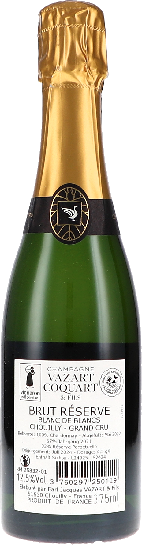Vazart-Coquart & Fils Brut Réserve, 2021+Res. Blanc de Blancs Chouilly Grand Cru 0,375L Rücketikett