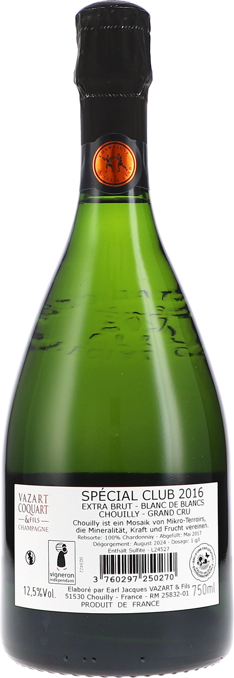 Vazart-Coquart & Fils Spécial Club Extra Brut, Blanc de Blancs Chouilly Grand Cru 2016 Rücketikett