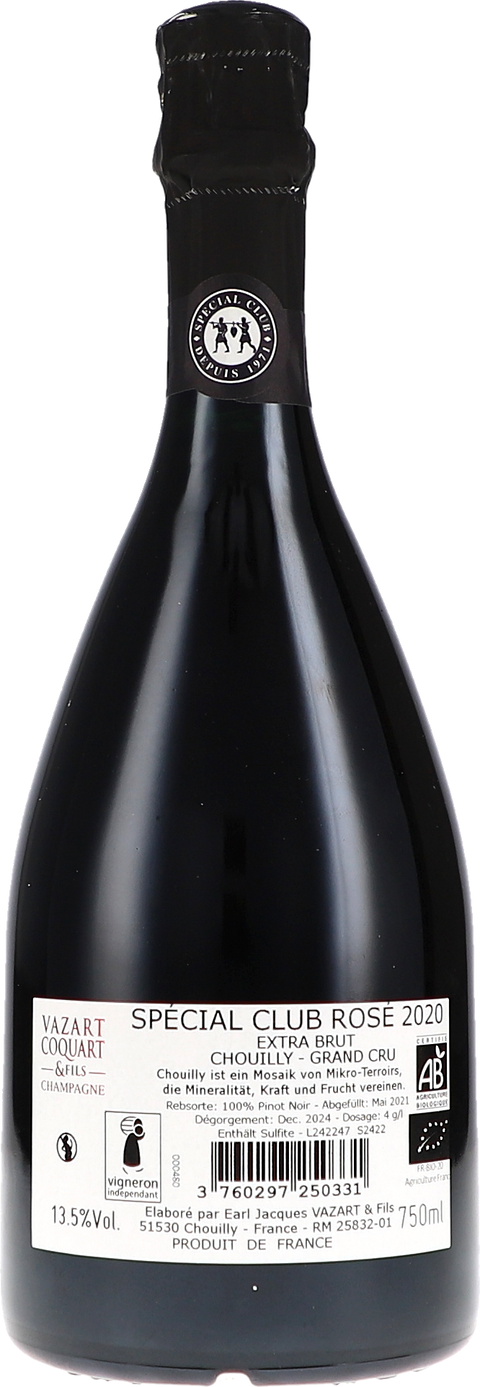 Vazart-Coquart & Fils Spécial Club Rosé, Extra Brut, Chouilly Grand Cru 2020 BIO Rücketikett