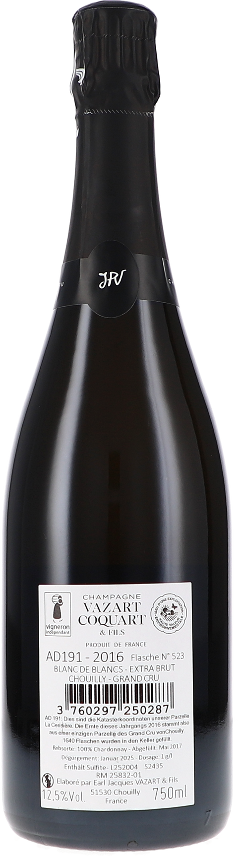 Vazart-Coquart & Fils AD 191 Extra Brut, Blanc de Blancs Chouilly Grand Cru 2016 Rücketikett