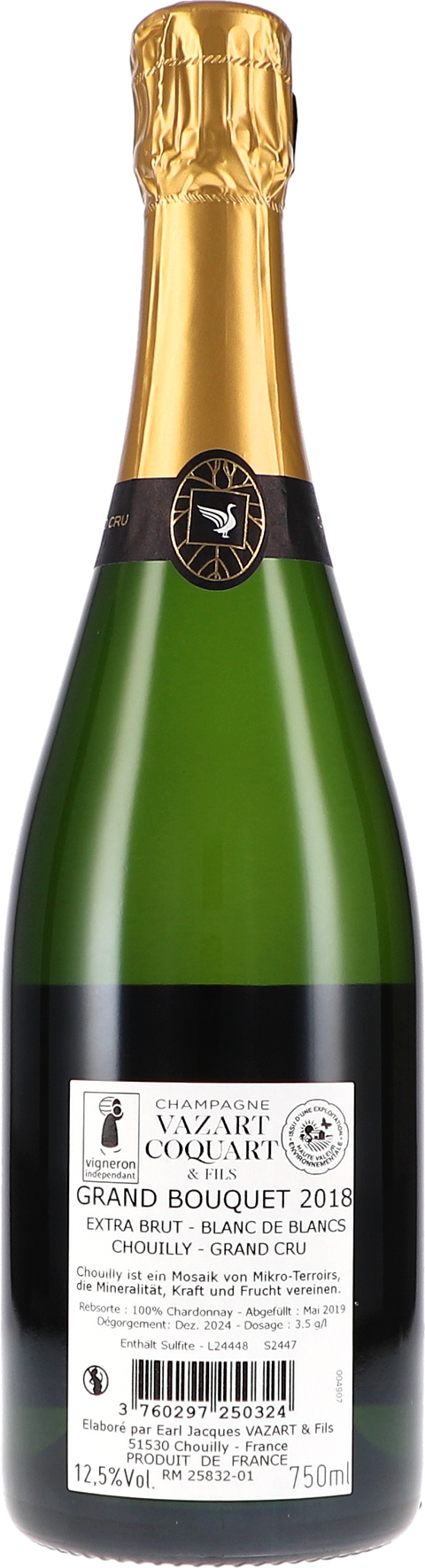 Vazart-Coquart & Fils Grand Bouquet Extra Brut, Blanc de Blancs Chouilly Grand Cru 2018 Rücketikett