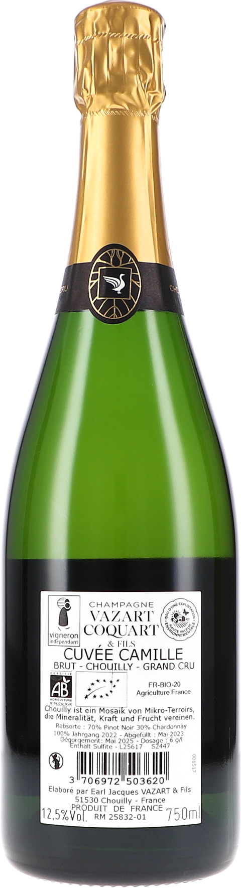 Vazart-Coquart & Fils Cuvée Camille, Chouilly Grand Cru BIO Rücketikett