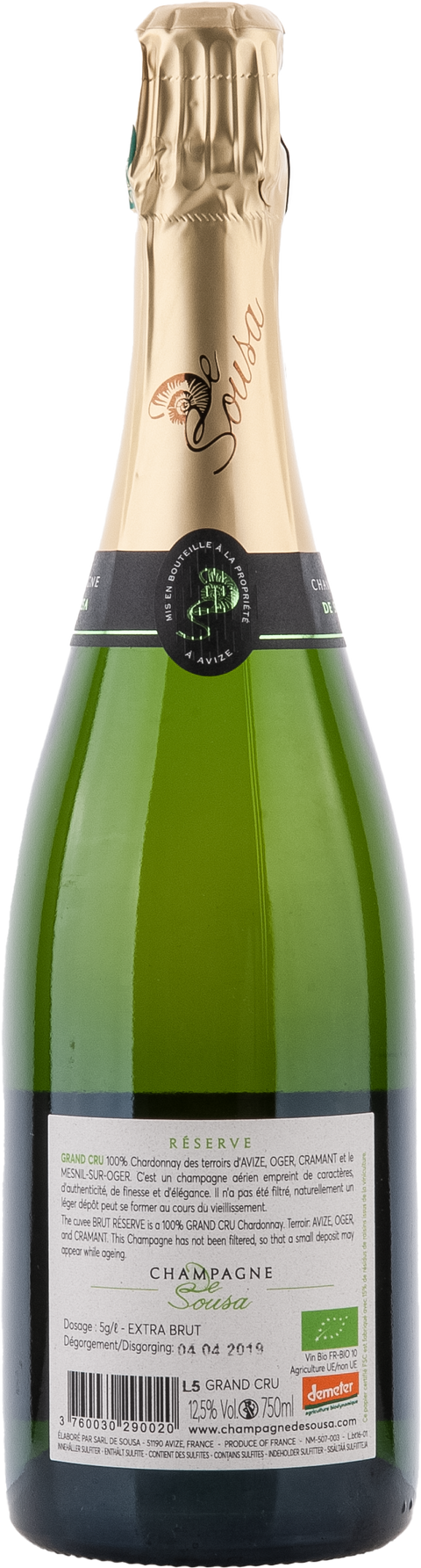 De Sousa et Fils Réserve Extra Brut, Blanc de Blancs, Grand Cru BIO Rücketikett