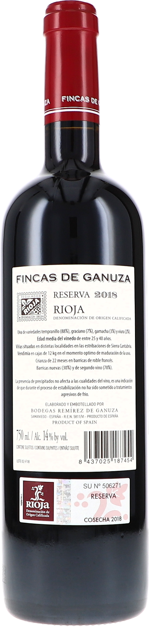 Remirez de Ganuza Fincas de Ganuza Reserva 2018 Rücketikett