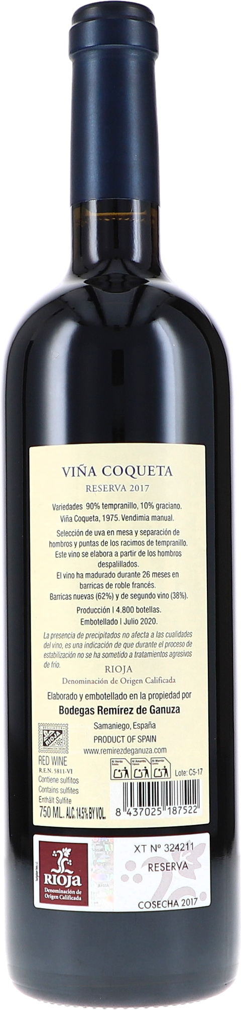 Remirez de Ganuza Viña Coqueta Reserva 2017 Rücketikett