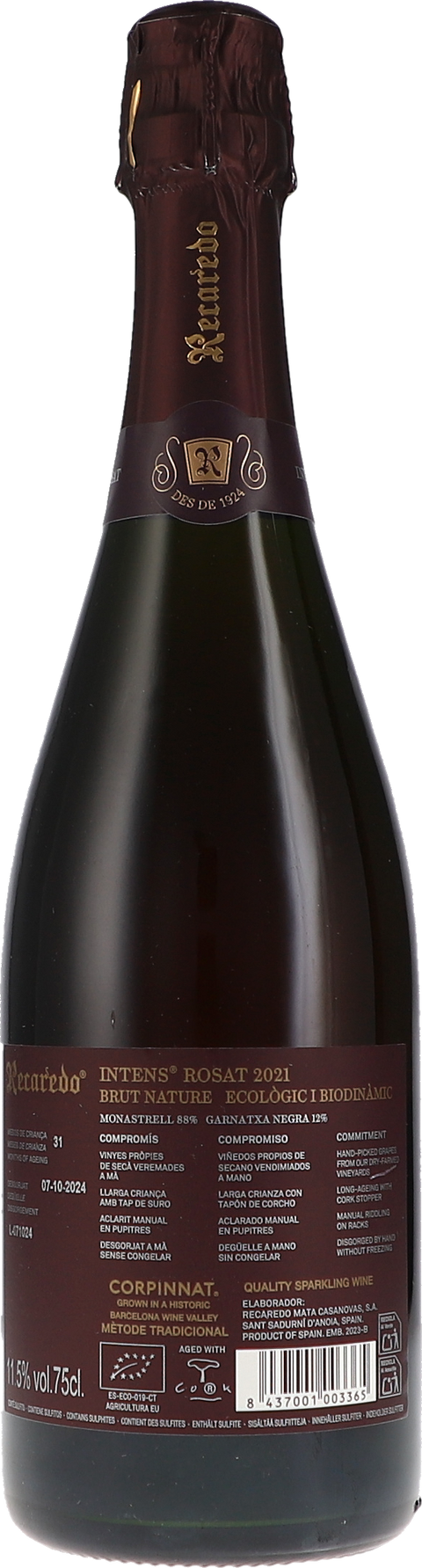 Recaredo Intens Rosat, Brut Nature 2021 BIO Rücketikett