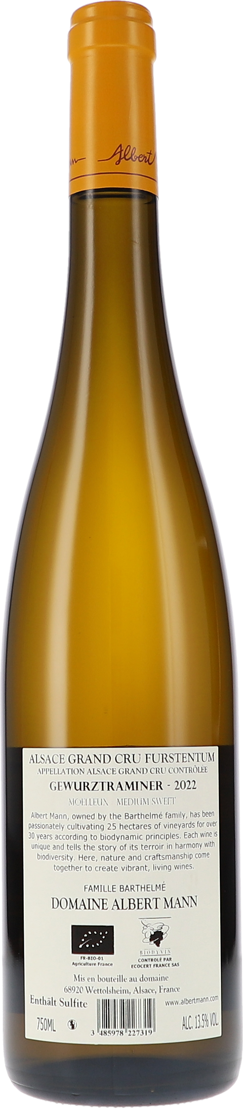 Albert Mann Gewürztraminer Furstentum Grand Cru 2022 BIO Rücketikett