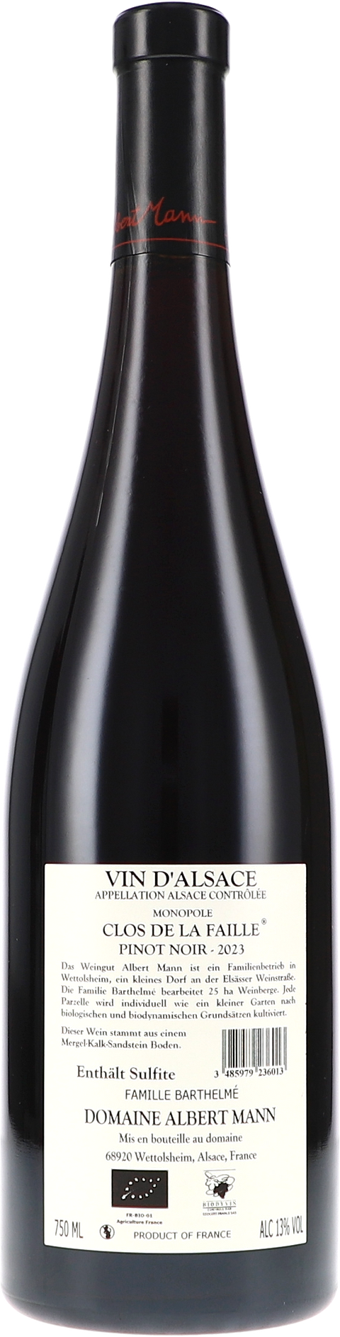 Albert Mann Pinot Noir Clos de la Faille AC 2023 BIO Rücketikett