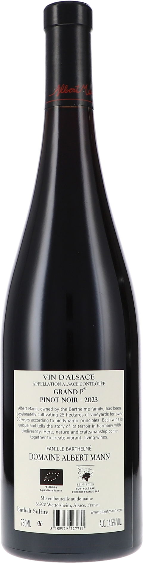 Albert Mann Pinot Noir Grand P (von Grand Cru Pfersigberg) AC 2023 BIO Rücketikett