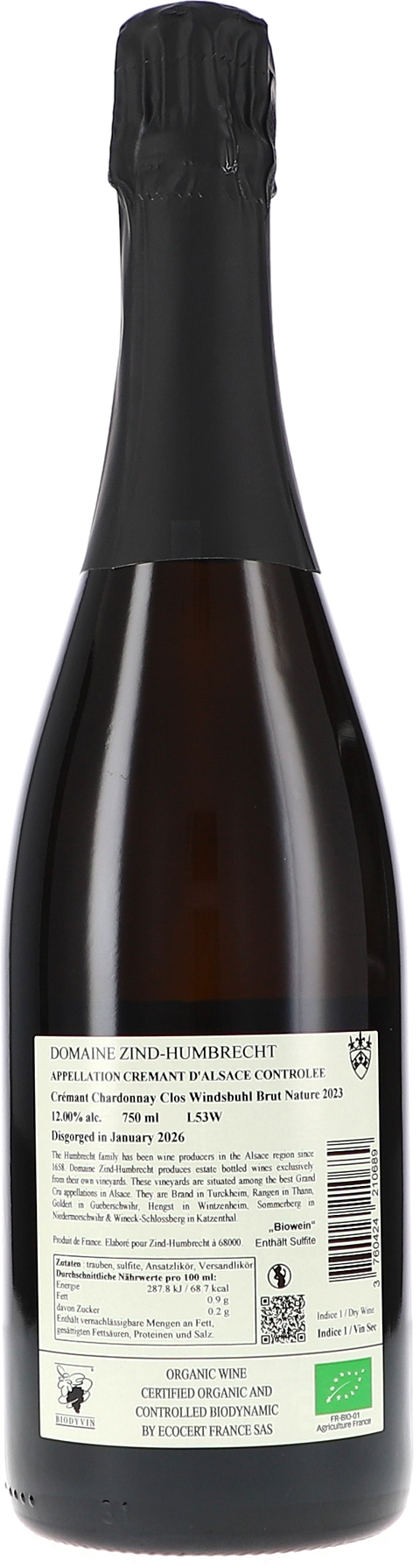 Zind-Humbrecht Crémant, Clos Windsbuhl Blanc de Blancs Brut Nature 2023 BIO Rücketikett