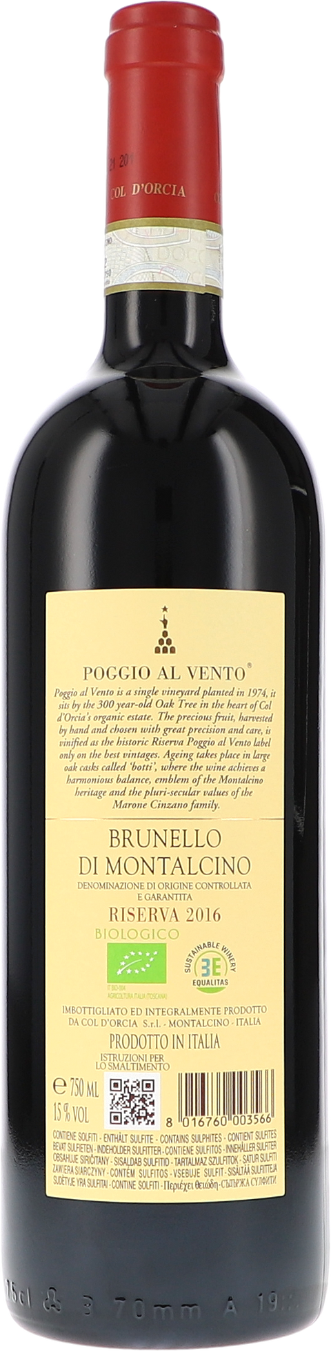 Col d'Orcia Poggio al Vento, Brunello di Montalcino Riserva DOCG 2016 BIO Rücketikett
