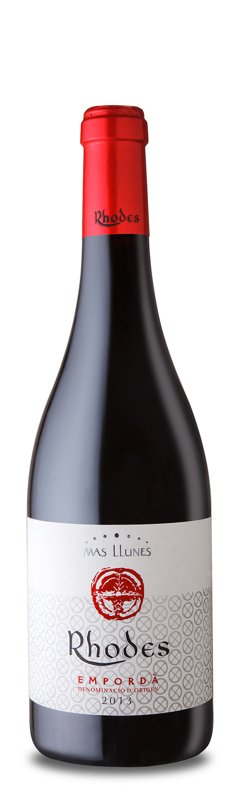 Roter BIO-Rotwein Mas Llunes Rhodes 2022 von Celler Mas Llunes, dunkle Weintrauben in einem Weinglas.