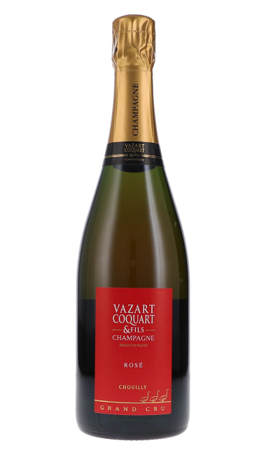 Flasche Vazart-Coquart Rosé Extra Brut Champagner im Champagnerglas vor hellem Hintergrund, luxuriöses Design, Chouilly Grand Cru