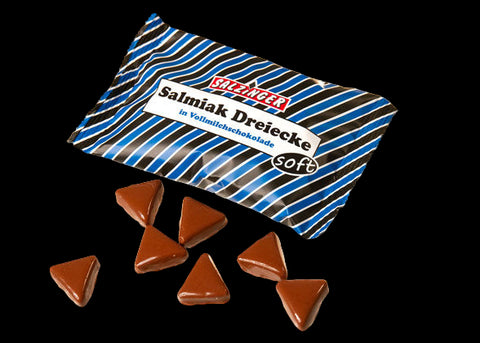 Zartbitter Lakritz Salmiak Brocken von Salzinger, 100g, mit dunkler Schokoladenoptik und Lakritzstücken.