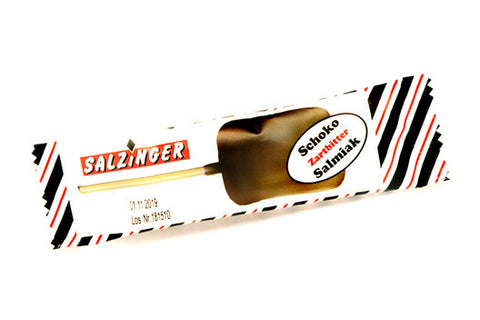 Schokoladen Salmiak Lolly von Salzinger, Lakritz-Süßigkeit, mit Schokoladenüberzug und Salmiak-Geschmack in 30g Verpackung
