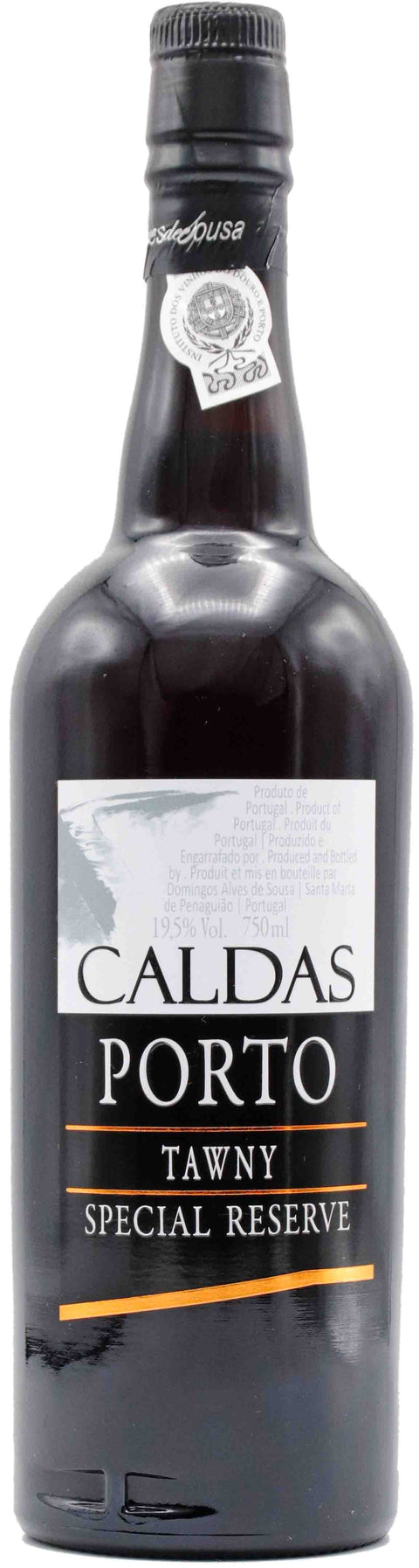 Heller Portwein Alves de Sousa Caldas Porto Tawny Special Reserve in einer Flasche, mit goldenen Nuancen, auf einem Holzuntergrund.