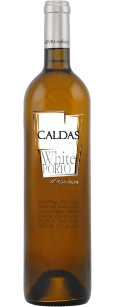 Weißer Portwein Alves de Sousa Caldas Porto in 0,5L Flasche, hell und klar, mit goldenen Tönen, auf einem weißen Hintergrund.