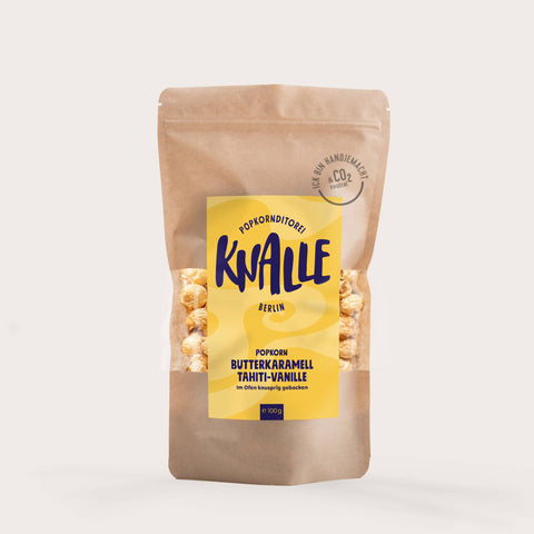 Knalle Popcorn Butterkaramell Tahiti-Vanille Popcorn 100g mit goldbrauner Karamell- und Vanillegeschmack