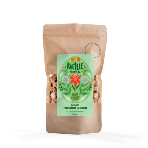 Knalle Popcorn Oster Popcorn mit Haselnuss und Nougat, saisonale limitierte 100g Verpackung, Osteretikett auf der Verpackung