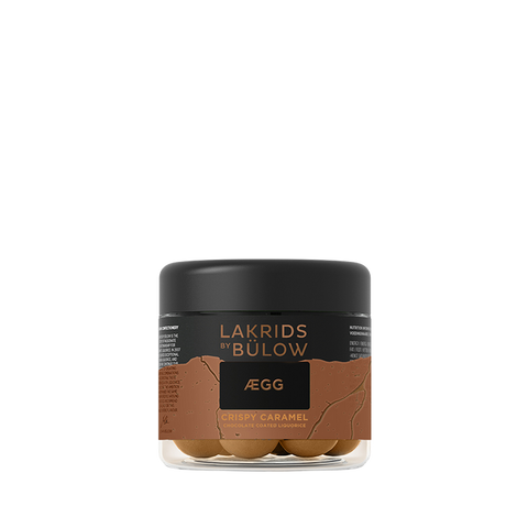 Lakrids by Bülow ÆGG Crispy Caramel Lakritz, weiche Süßigkeiten mit knuspriger Karamellfüllung, in kleiner Verpackung.