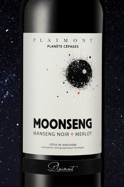 Etikett des Plaimont Moonseng mit schwarzem Mond, Manseng Noir und Merlot