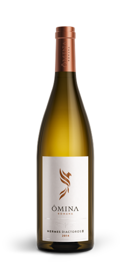 Ômina Romana Hermes Diactoros II Bianco 2022 bottle with elegant label and light white wine in a glass setting.