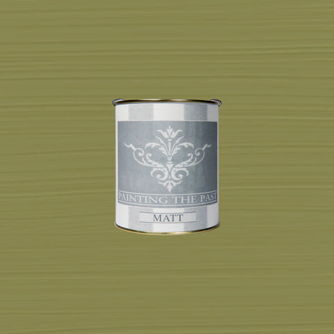 Mattgrüne Matcha-Kreidefarbe von Painting The Past, zeigt eine geordnete Flasche mit kreideartige Textur.