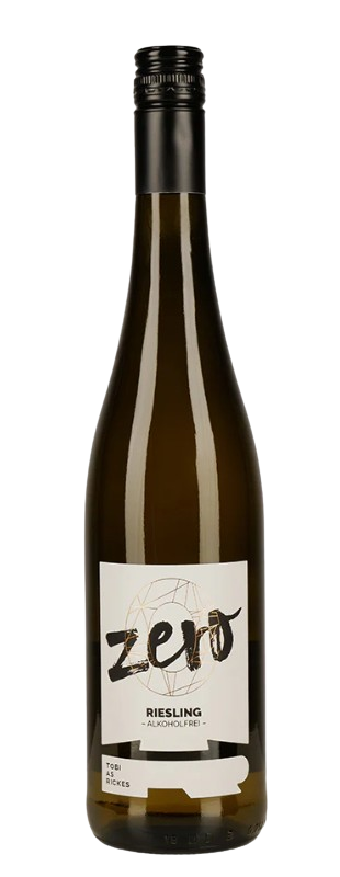 Tobias Rickes Riesling Zero Alkoholfrei, weißer entalkoholisiert Wein in einer eleganten Flasche, sichtbar vor hellem Hintergrund