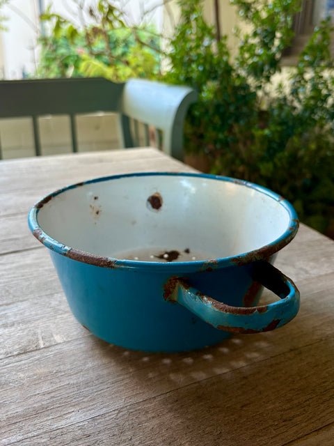 Vintage Emaille Sieb mit Griffen hellblau tief - Weingärtners Genusshandwerk