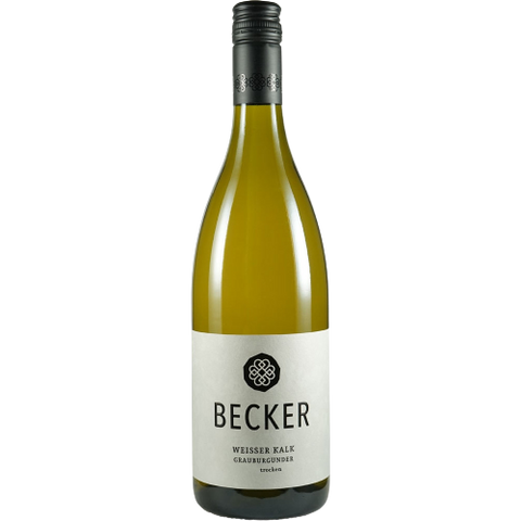 Becker Grauburgunder Weißer Kalk trockener Weißwein 2023 in einer Weinflasche, Nahaufnahme des Etiketts