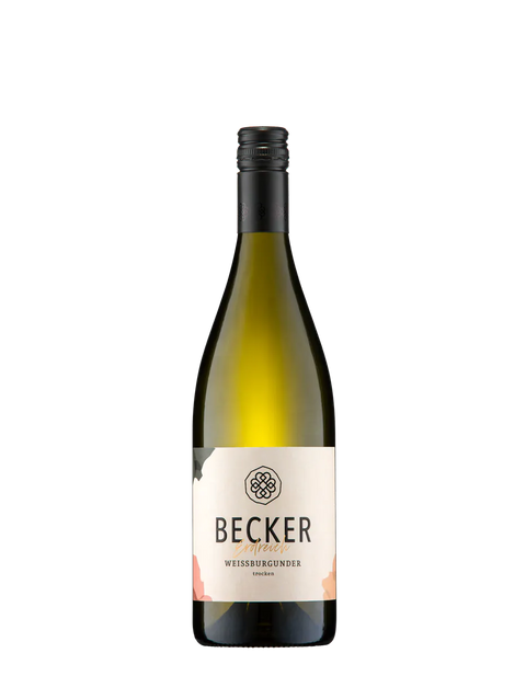 Weingut Becker Weißburgunder Erdreich trocken 2024, klare Flasche mit weißem Wein, elegantes Etikett, ideal für Weinliebhaber.