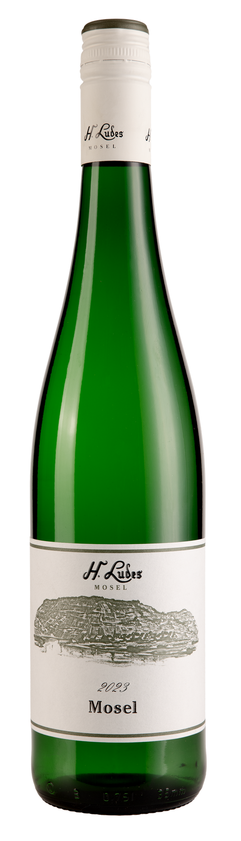 Hermann Ludes Mosel Riesling 2024 Weißweinflasche vom Weingut Hermann Ludes, mit silberner Etikette und Weinlogo.