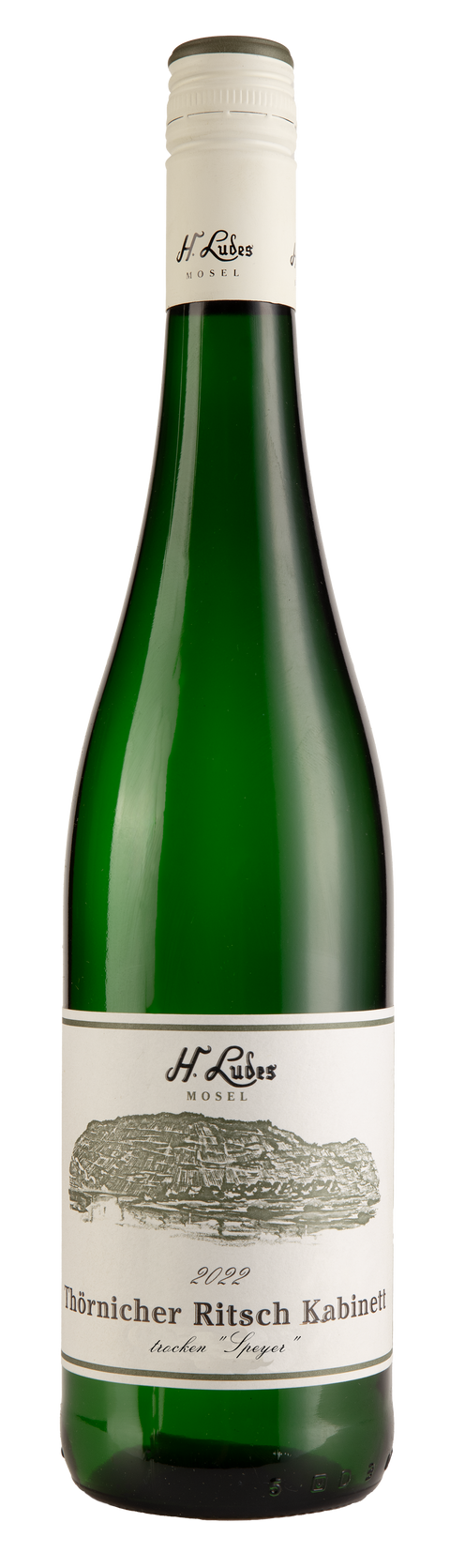 Hermann Ludes Thörnicher Ritsch Riesling Kabinett trocken, weißer Wein vom Weingut Hermann Ludes, im Weinglas präsentiert.