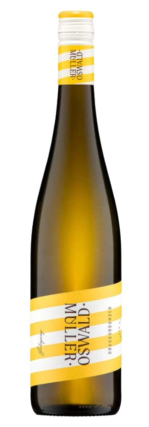 Weißwein Müller-Oswald Scheurebe trocken 2024 BIO in eleganter Flasche vor weißem Hintergrund.