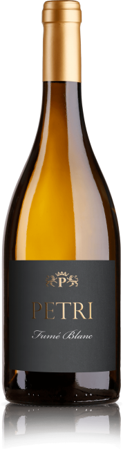 Petri Fumé Blanc Sauvignon Blanc 2023, Weißwein von Weingut Petri, helle goldene Farbe und elegante Flasche.